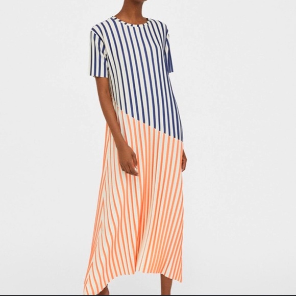 Zara A-Line Striped Midi Dress Short Sleeve Size Large Navy & Orange Retro Class - Picture 1 of 9